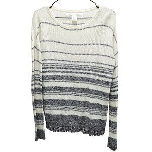 WOMEN'S MAX STUDIO KNIT NAUTICAL BLUE & IVORY STRIPED FRINGE HEM SWEATER SMALL